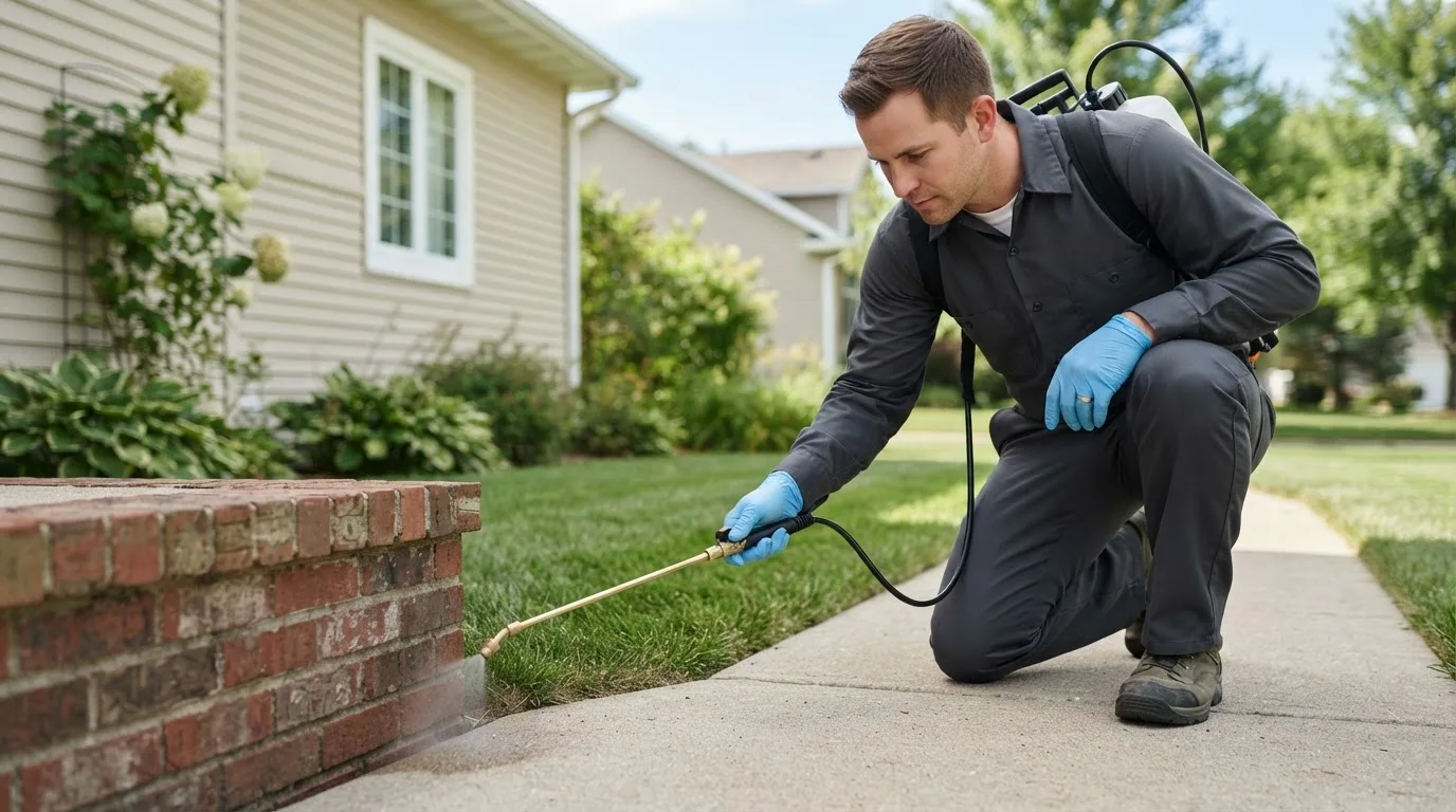 Pest control technician treating a home near Kenton, OH