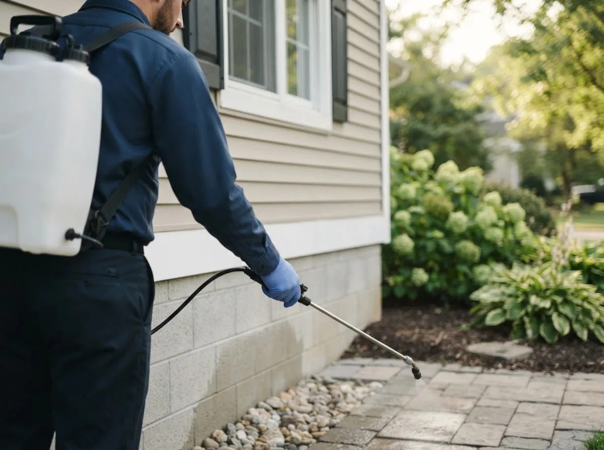 Pest control technician inspecting a home in Kenton, OH